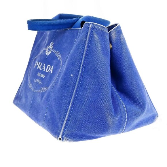 PRADA Milano Logo CANAPA Tote Hand Bag Canvas Leather Blue Gold - Picture 13 of 16